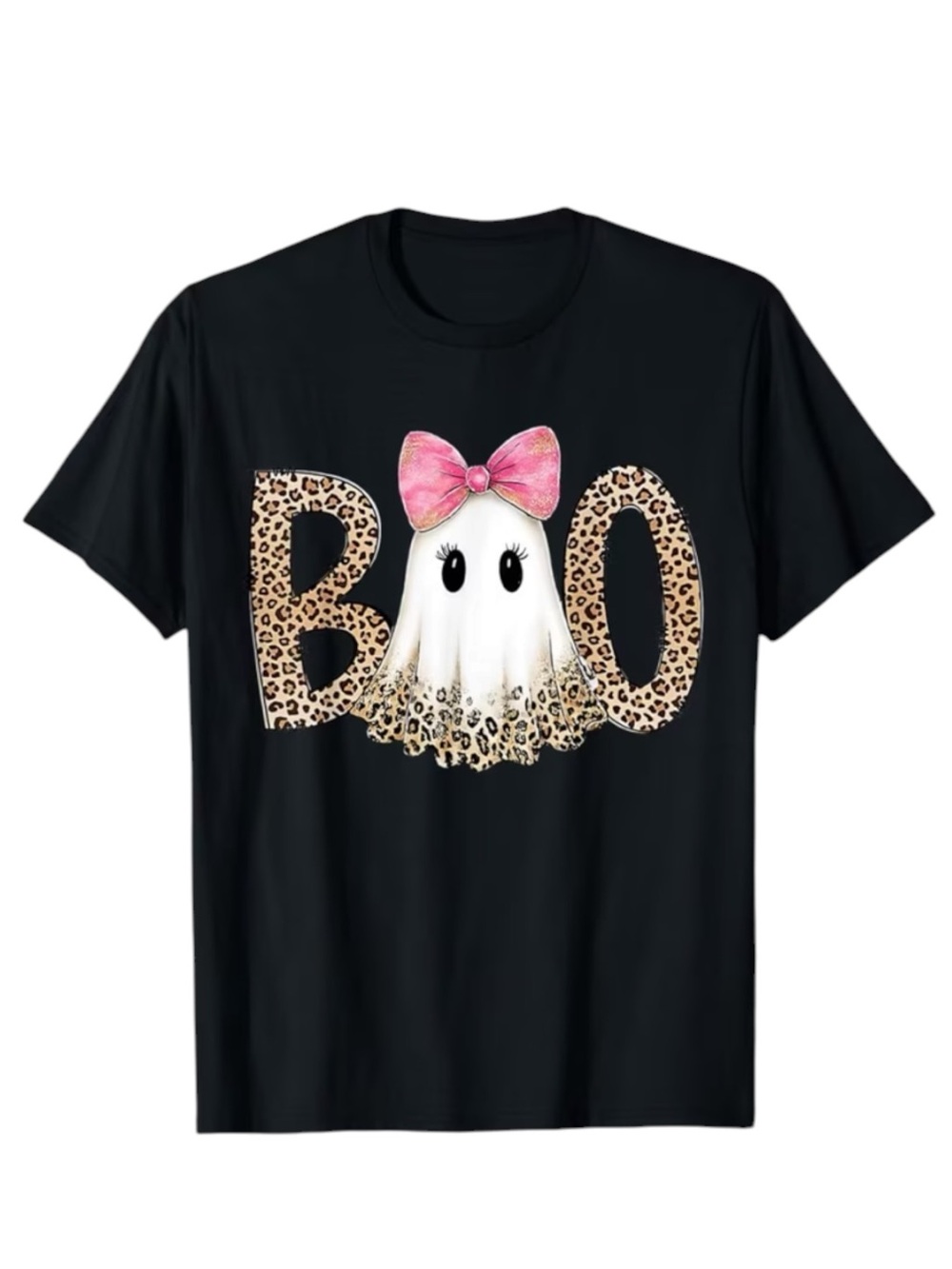 Women’s Halloween Boo Ghost Leopard Print Graphic Tee Black Large NWT